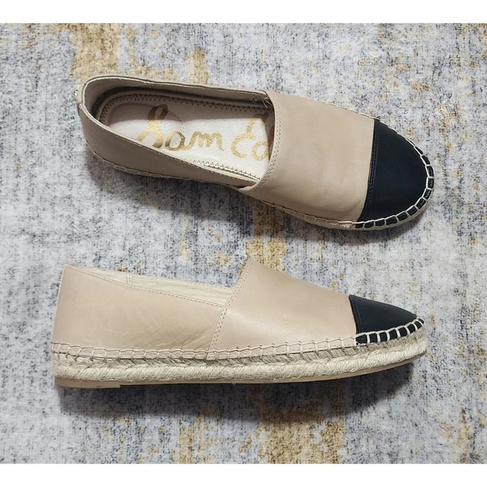 Sam Edelman Women's Krissy Espadrille Cap Toe Flats Tan Black Leather Size 7.5 M